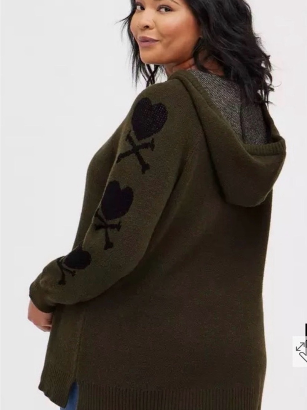 Olive Knit Hoodie Sweater with Heart Sleeve Detail - Picture 2 of 5